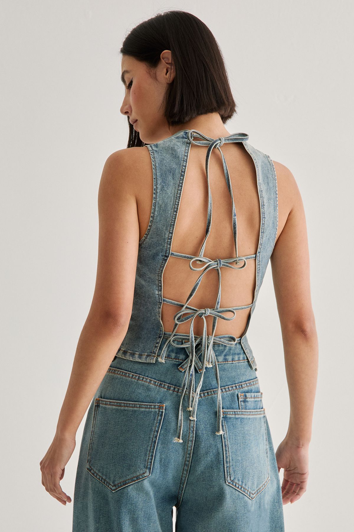 NastyGal Denim Lace Back Top Vintage Wash image 4