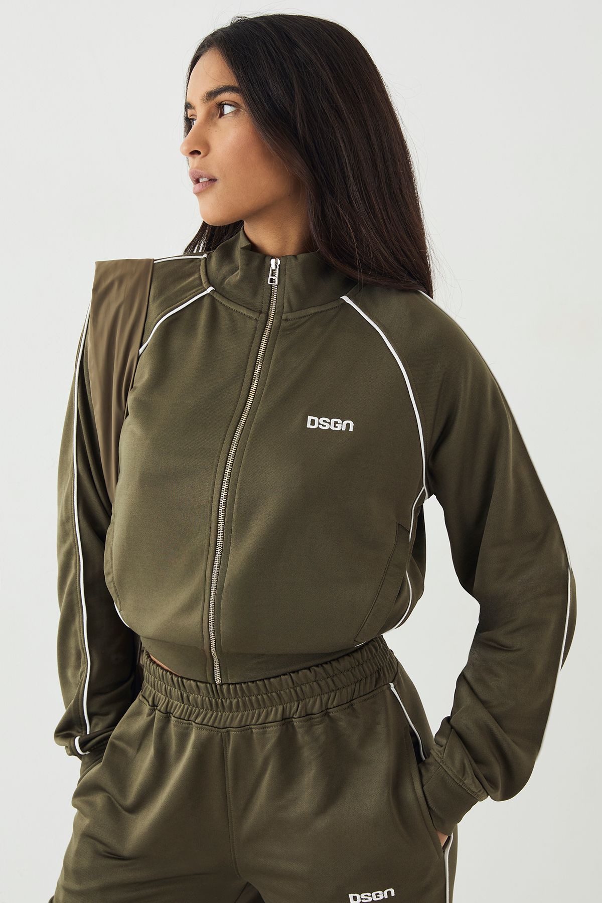 DSGN Studio DSGN Studio Tricot Piping Detail Zip Through Track Jacket Olive