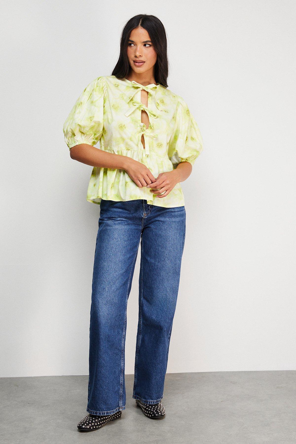 Warehouse Print Poplin Tie Front Volume Sleeve Blouse Lime image 2