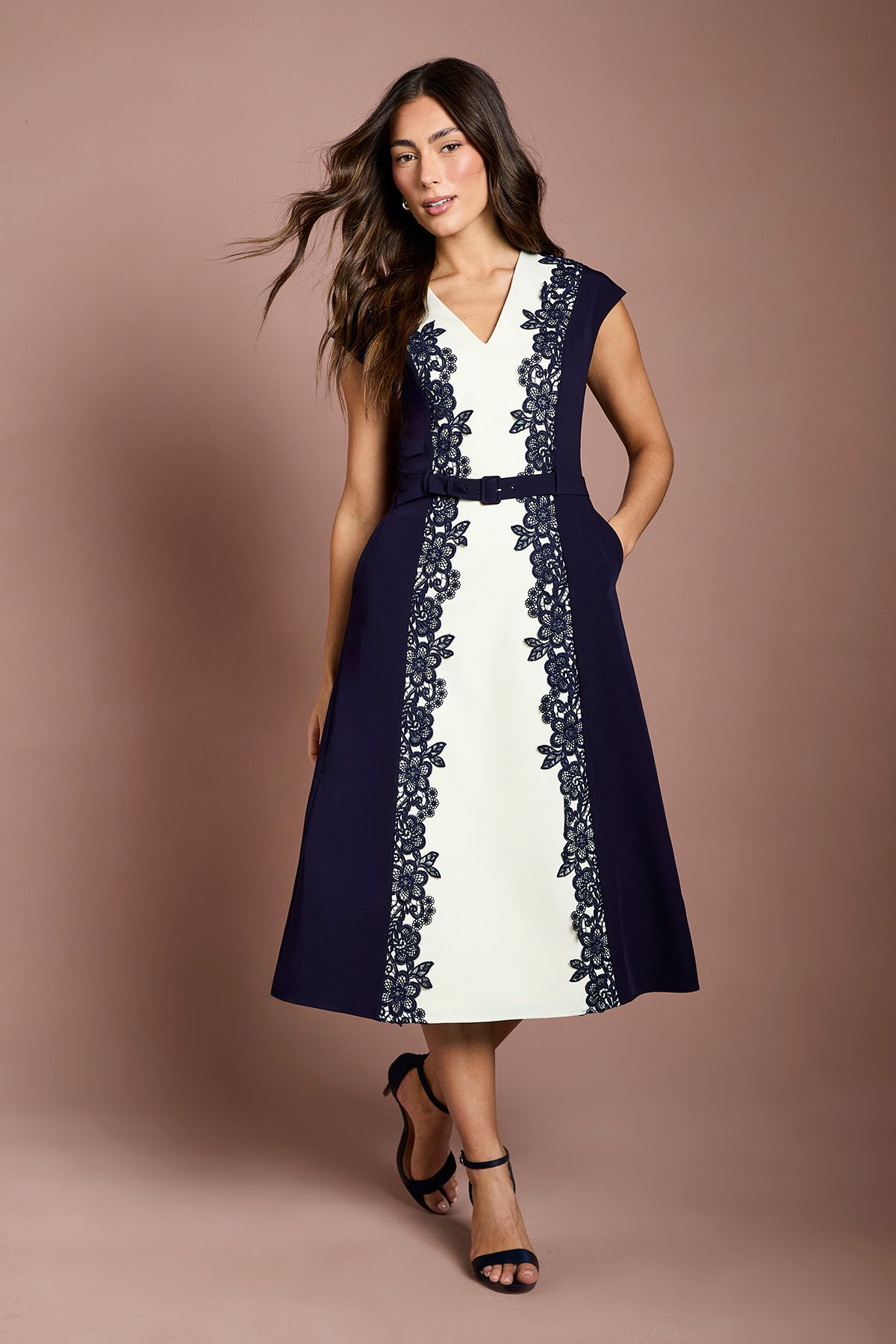 Coast Lace Trim Colour Block Belted Midi Dress Navy
