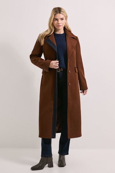 Dorothy Perkins Contrast Detail Single Breasted Midi Coat Chocolate