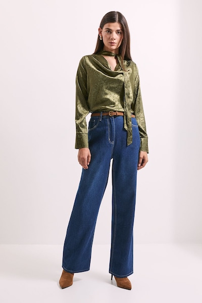 Principles Olive Cowl Tie Neck Satin Jacquard Blouse Olive