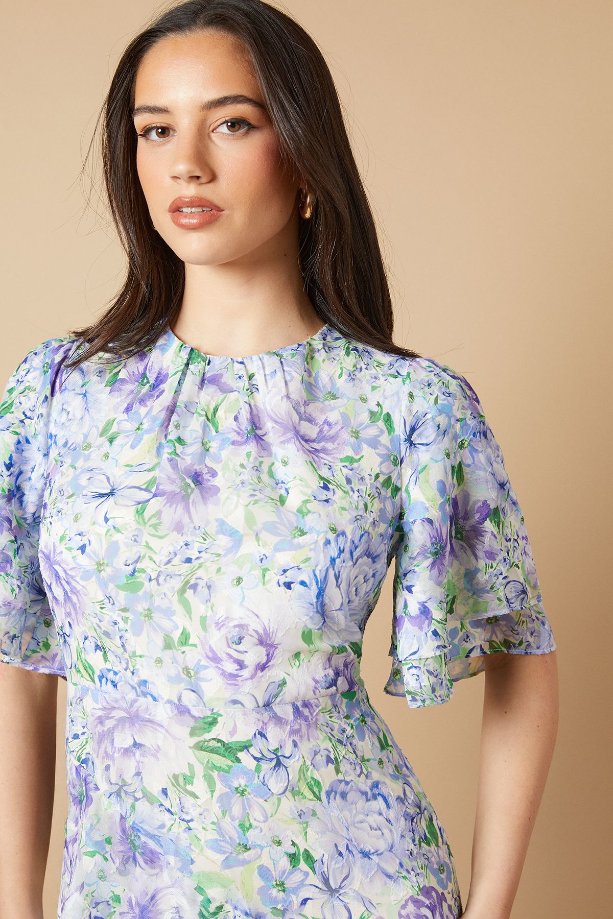 Oasis Occasion Floral Asymmetric Ruffle Jacquard Midi Dress Blue image 3