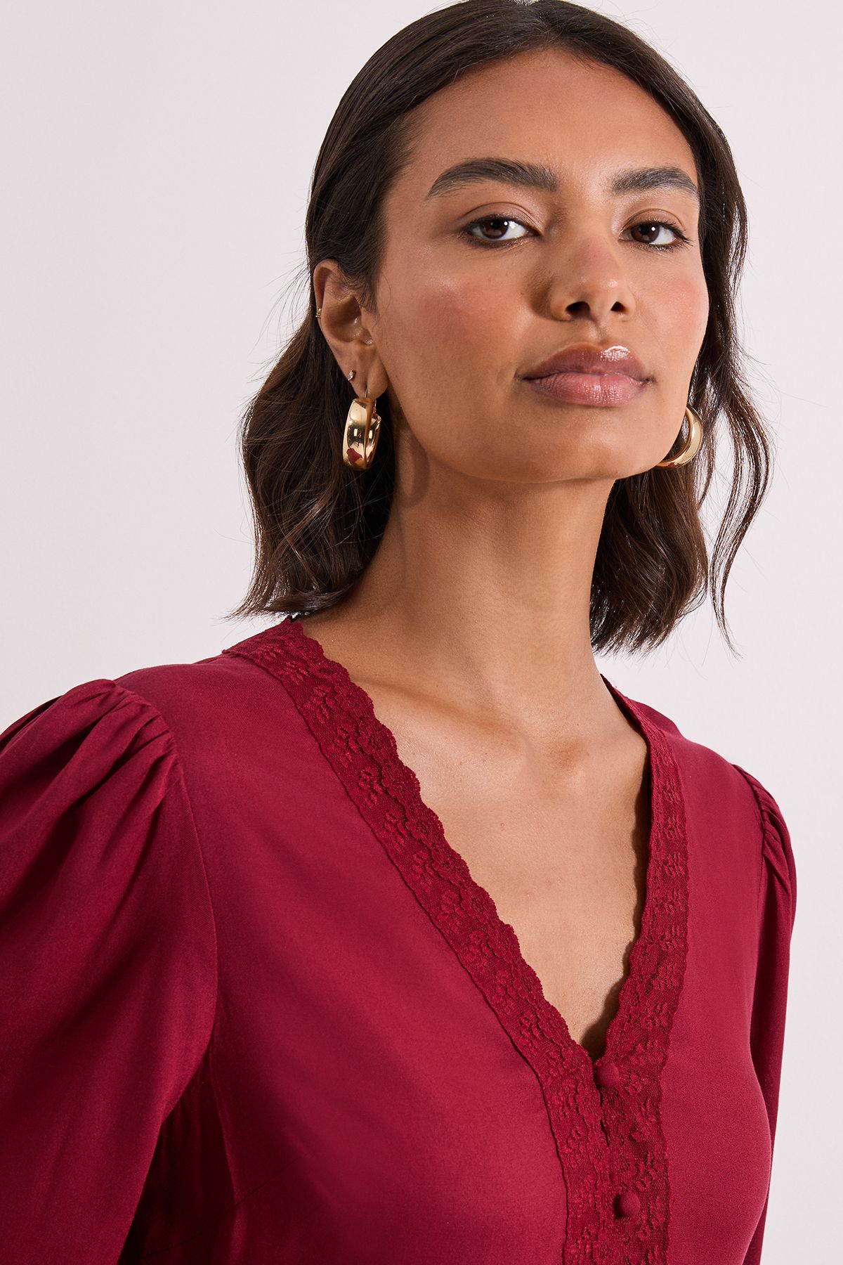 Dorothy Perkins Lace Trim Blouson Sleeve Midi Dress Burgundy image 4