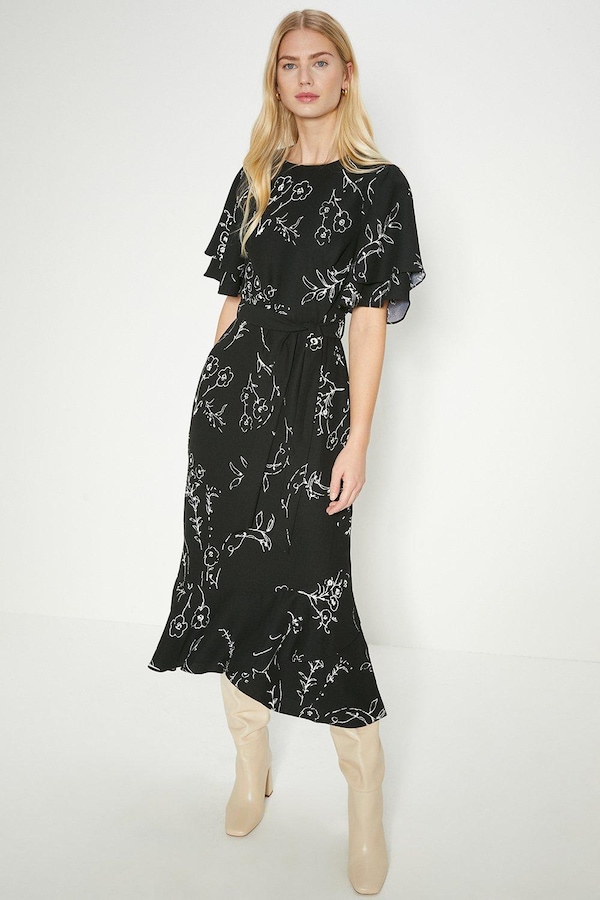 Oasis Petite Mono Floral Printed Frill Detail Belted Midi Dress Black
