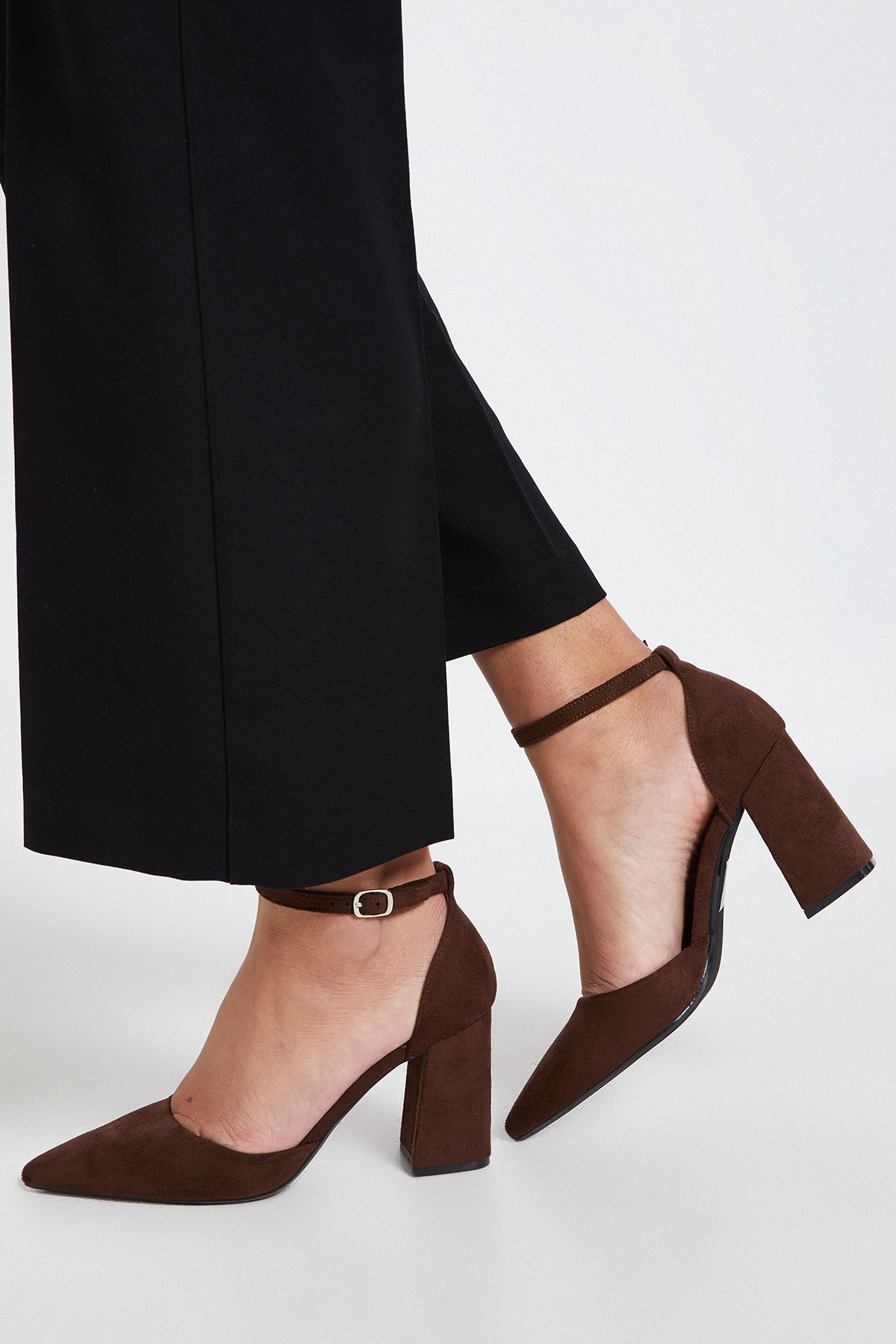 Dorothy Perkins Blanche Faux Suede Ankle Strap Pointed High Block Heel Court Shoes Chocolate image 4