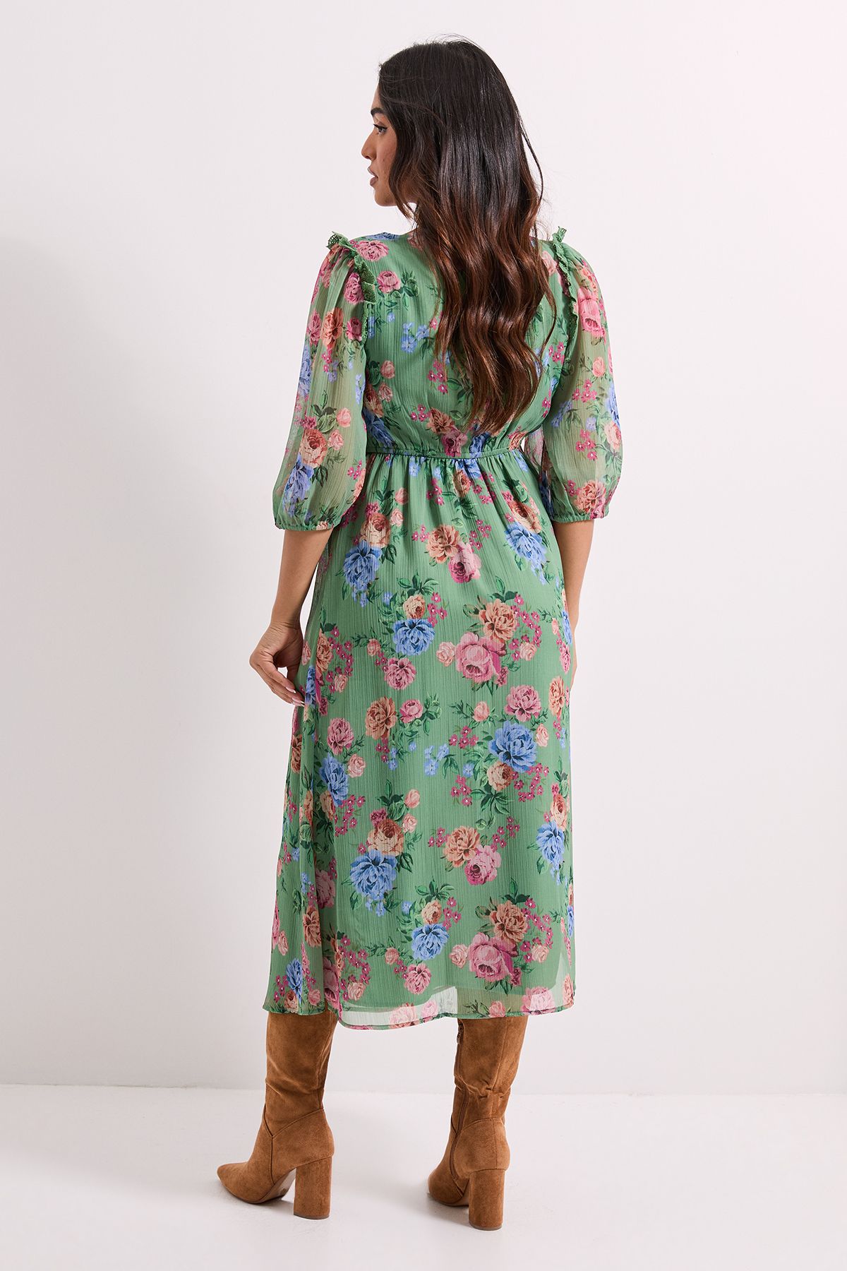 Dorothy Perkins Petite Floral Printed Lace Trim Blouson Sleeve Midi Dress Floral image 3