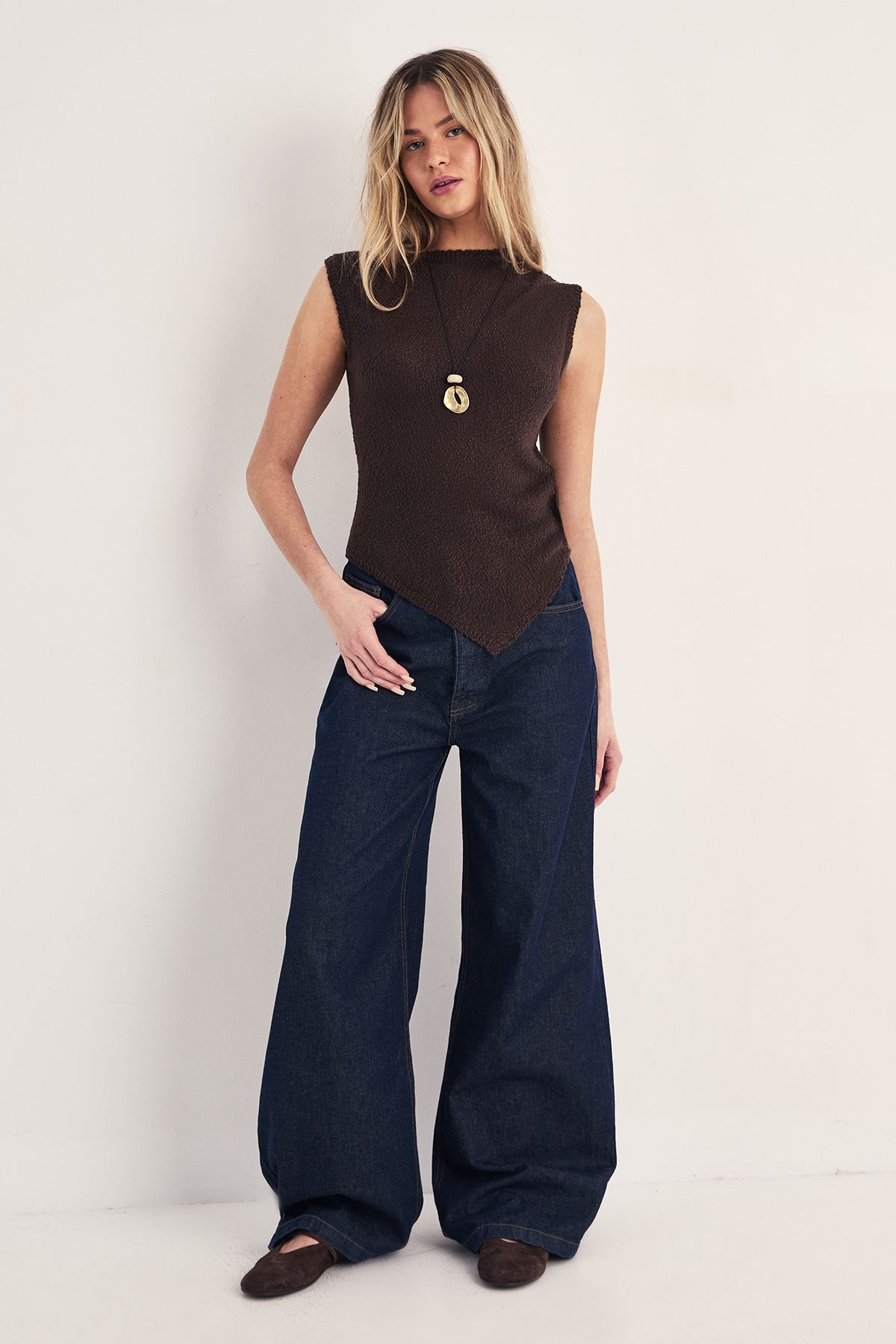 NastyGal Asymmetric Hem Boucle Knitted Top Brown image 3