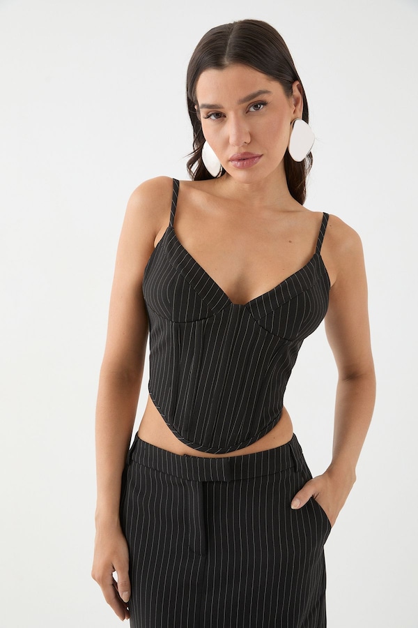 MissPap Pinstripe Boned Corset Bustier Top Black