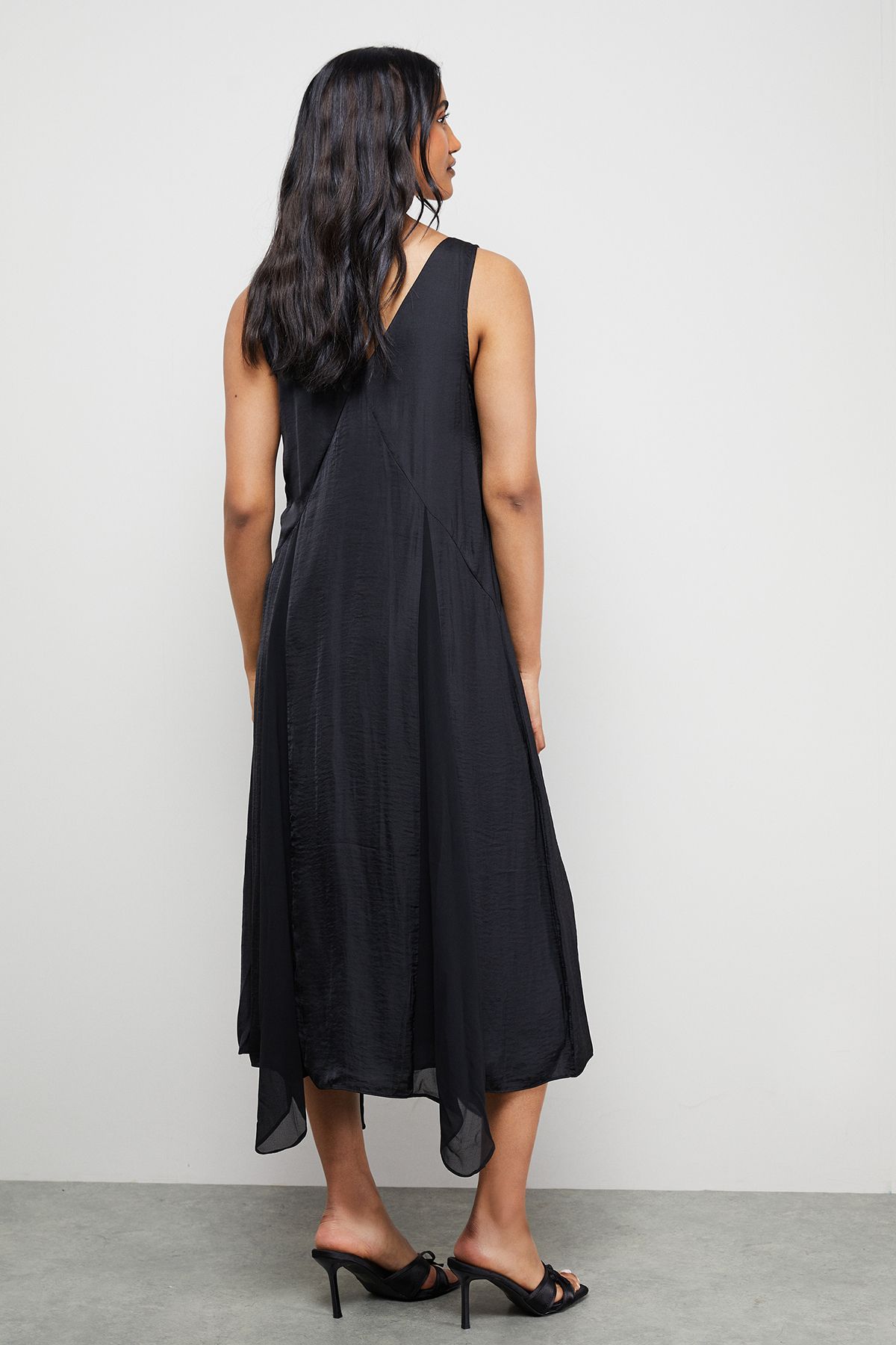 Warehouse Satin Sleeveless Asymmetric Hem Chiffon Godet Midi Dress Black image 3