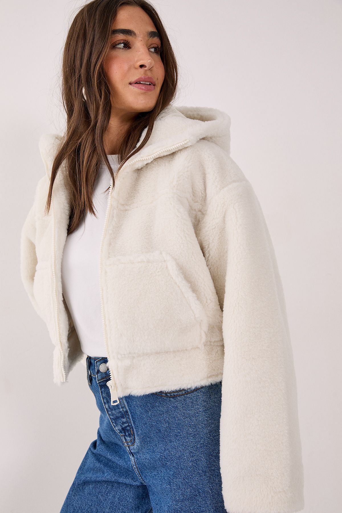 NastyGal Quilted Borg Hooded Jacket Cream image 2