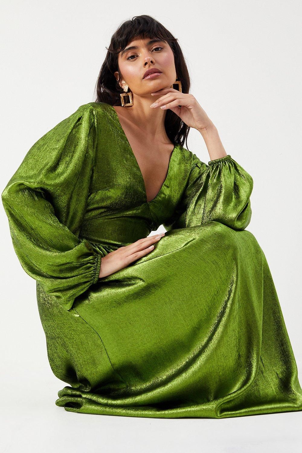 Warehouse Metallic V Neck Open Back Midi Dress Green image 4