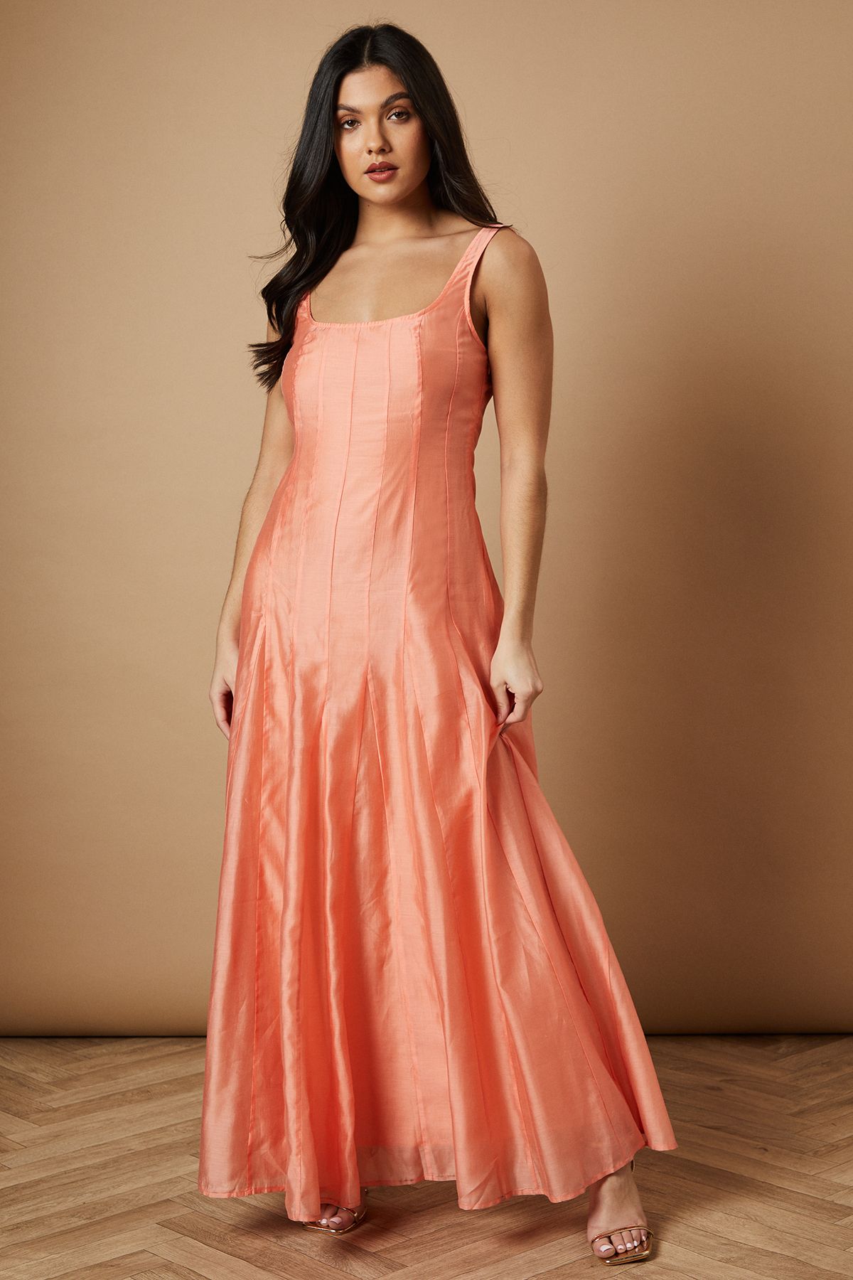 Oasis Plain Godet Seam Detail Maxi Dress Peach image 1