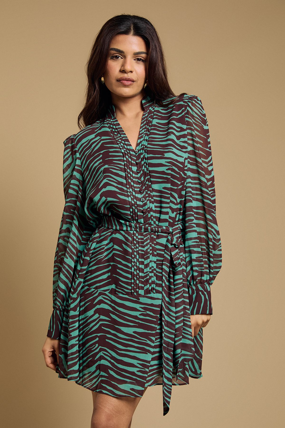 Oasis Petite Printed Chiffon Button Up Belted Waist Mini Dress Mint