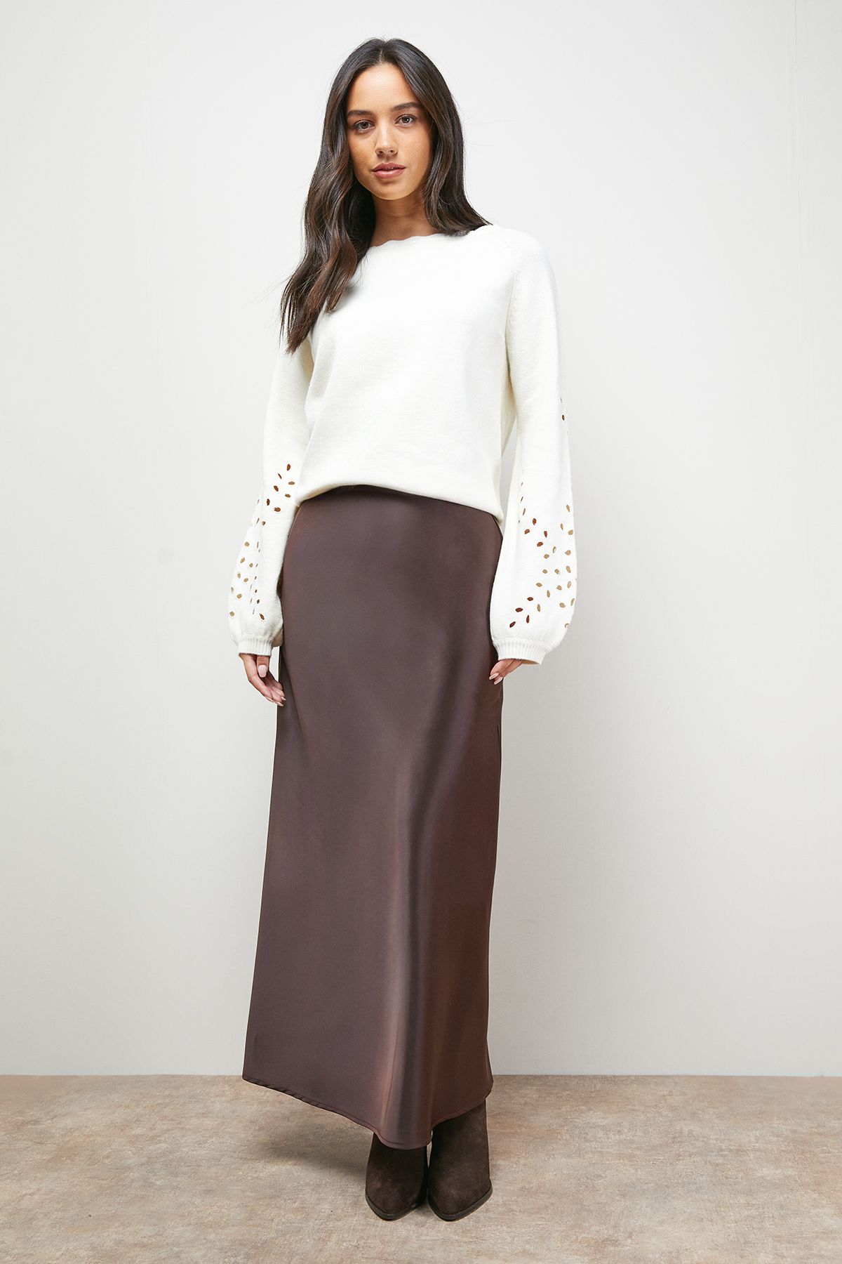 Oasis Bias Cut Satin Maxi Skirt Chocolate image 1