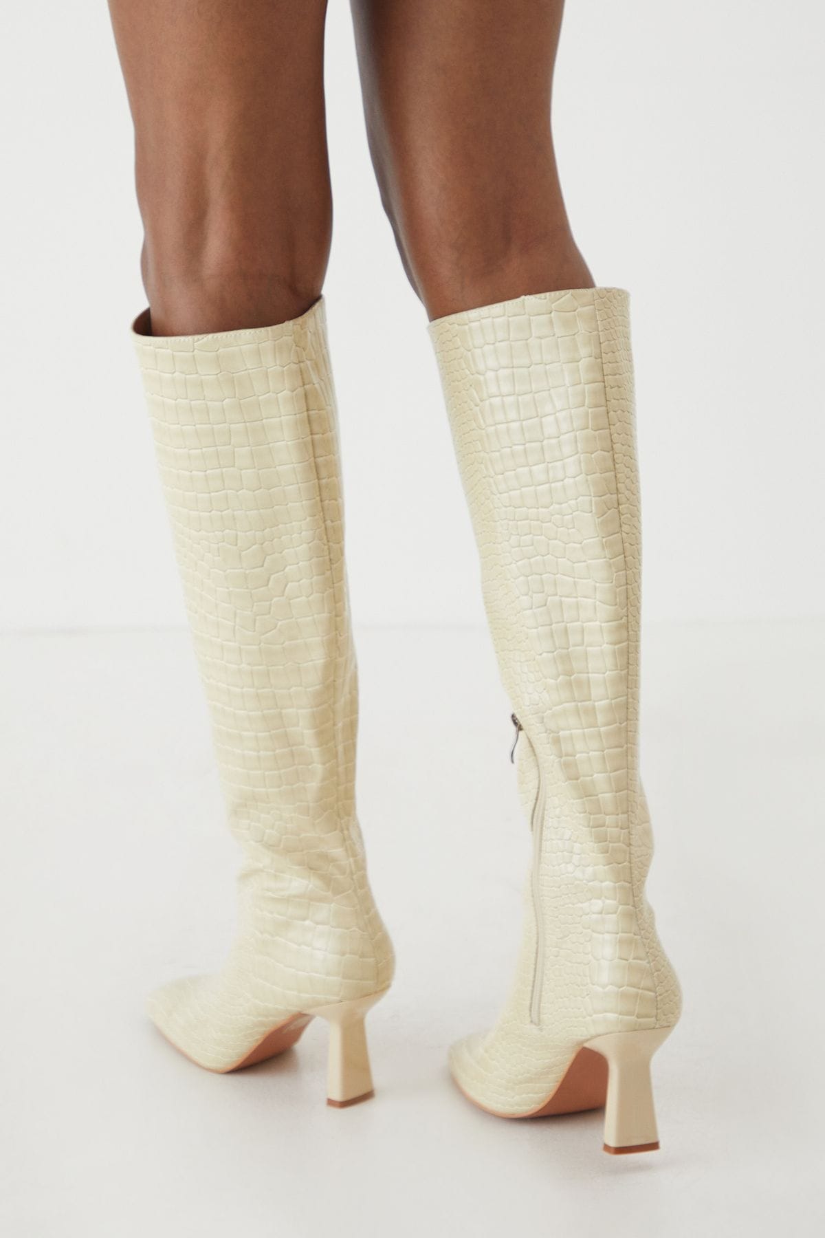 MissPap Leather Look Croc Wide Heel Boots Cream image 3