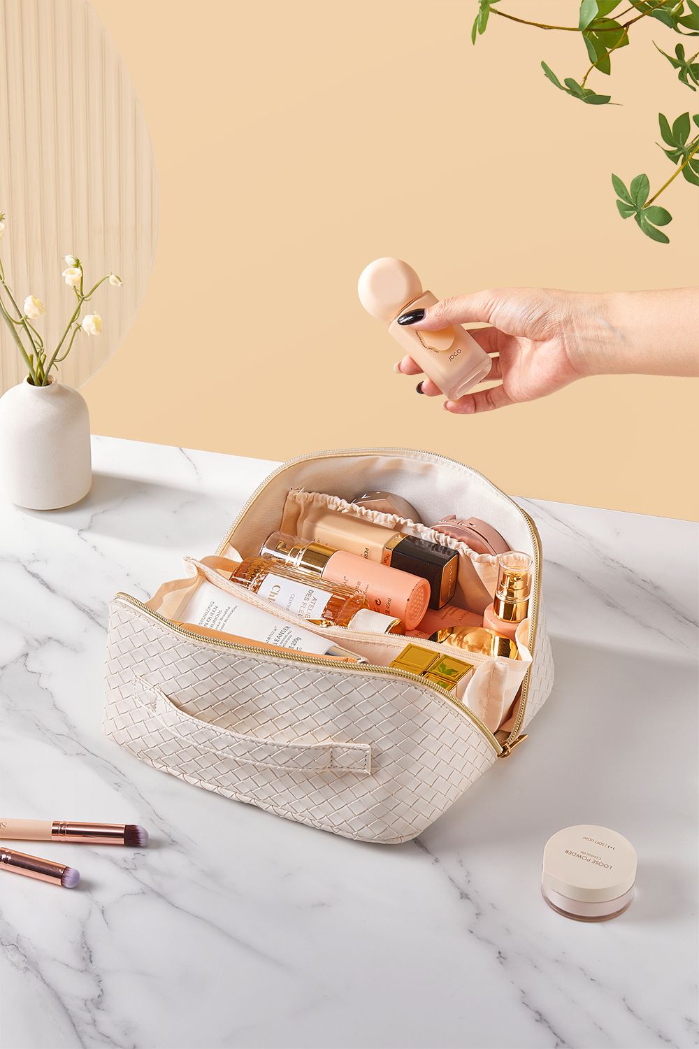 SHEONLY Travel Flat Lay Cosmetic Bag Makeup Storage Toiletry Bag Wash Bag with Handle and Divider for Women Girls image 1