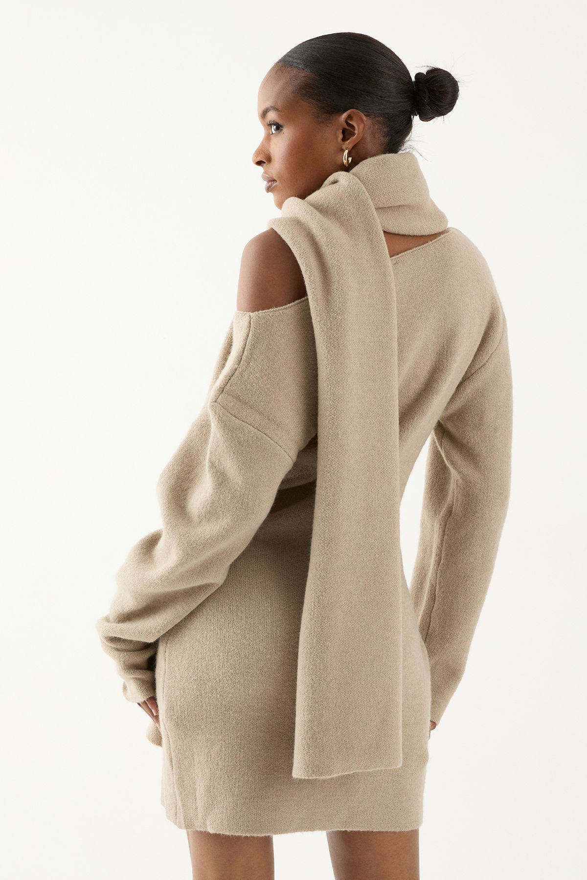 MissPap Knitted Slash Neck Scarf Detail Mini Dress Oatmeal image 4