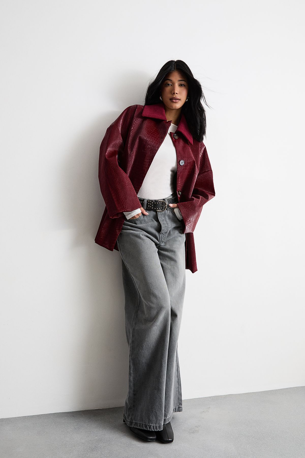 Warehouse Oversized Collared Croc Coat Dark Red image 4