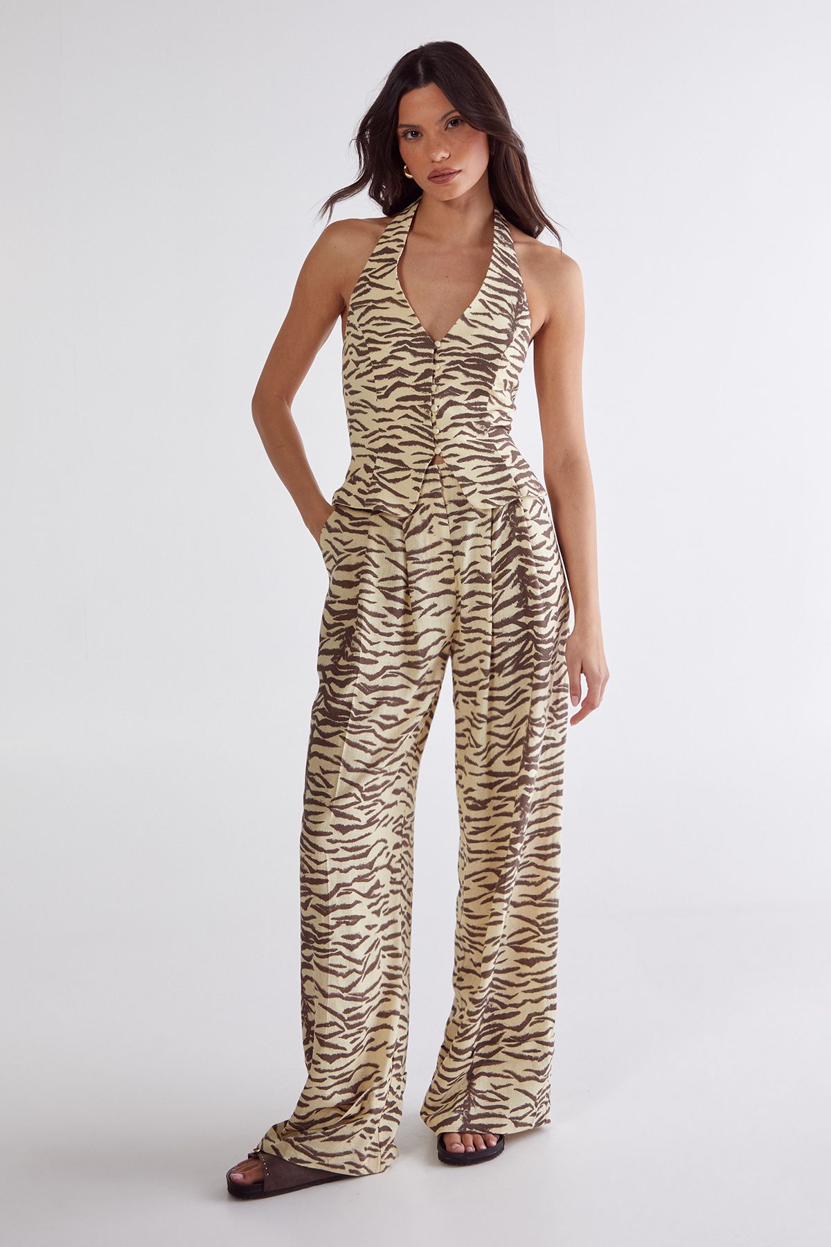 NastyGal Zebra Print Linen Tailored Trousers Butter image 2