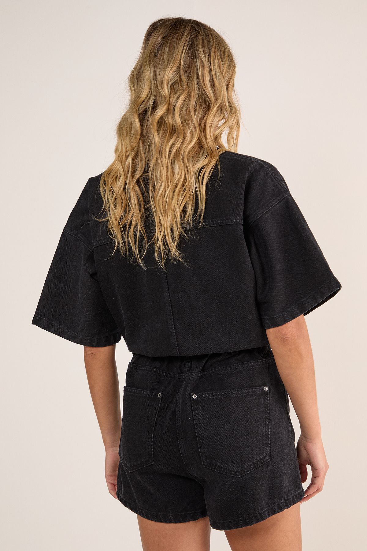 NastyGal Denim Button Through Romper Washed Black image 4