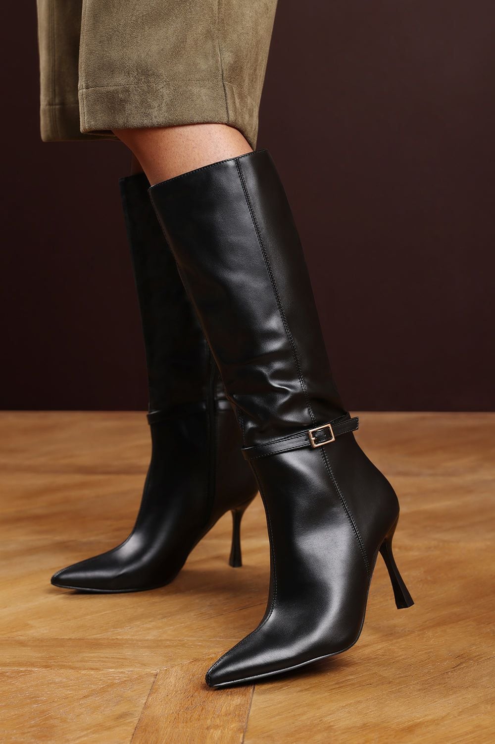Where's That From 'Giada' Pointed Toe Knee High Stiletto Heel Boots with Side Buckle