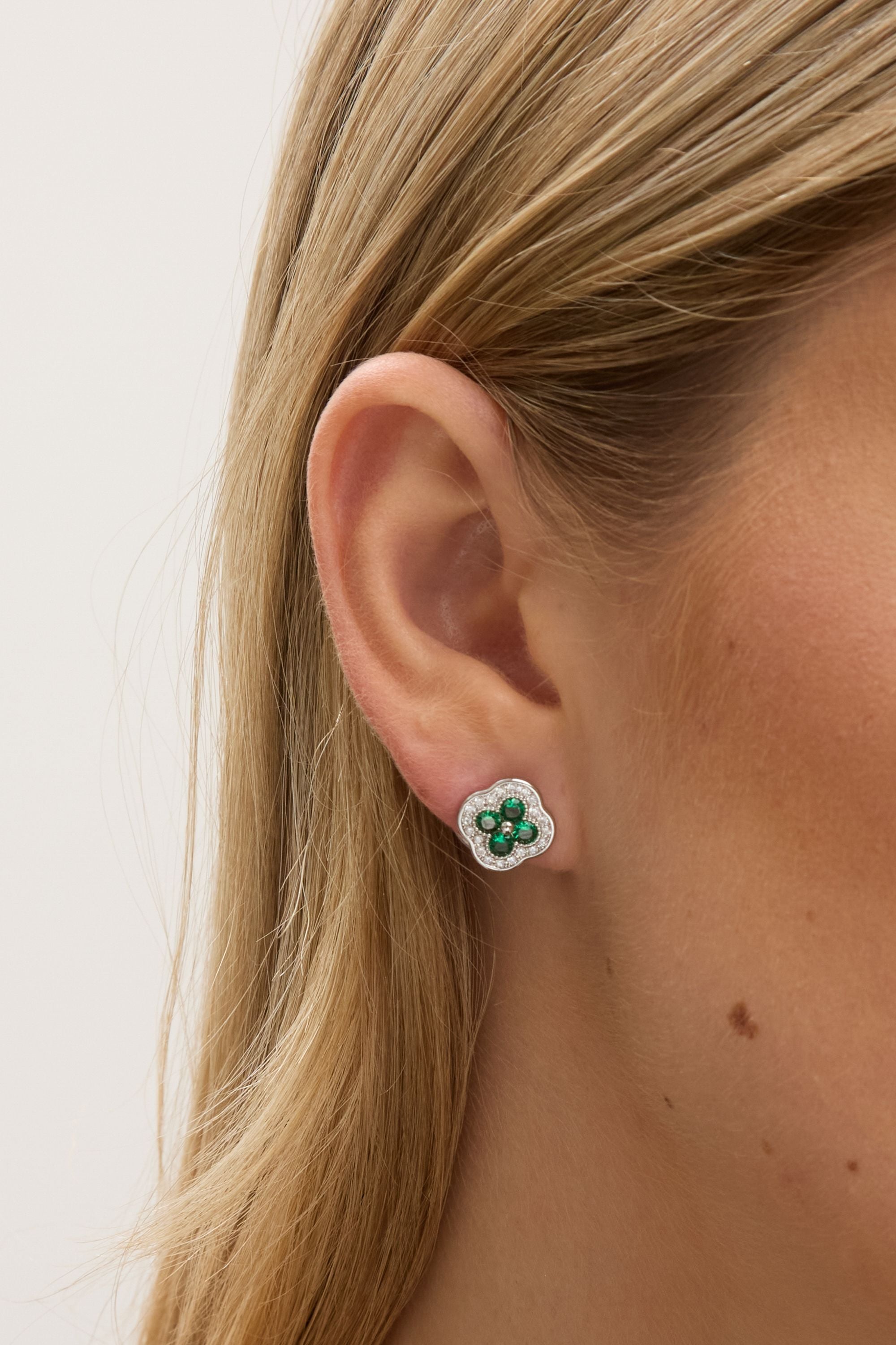 Jon Richard Rhodium Plated Crystal and Emerald Clover Studs image 2