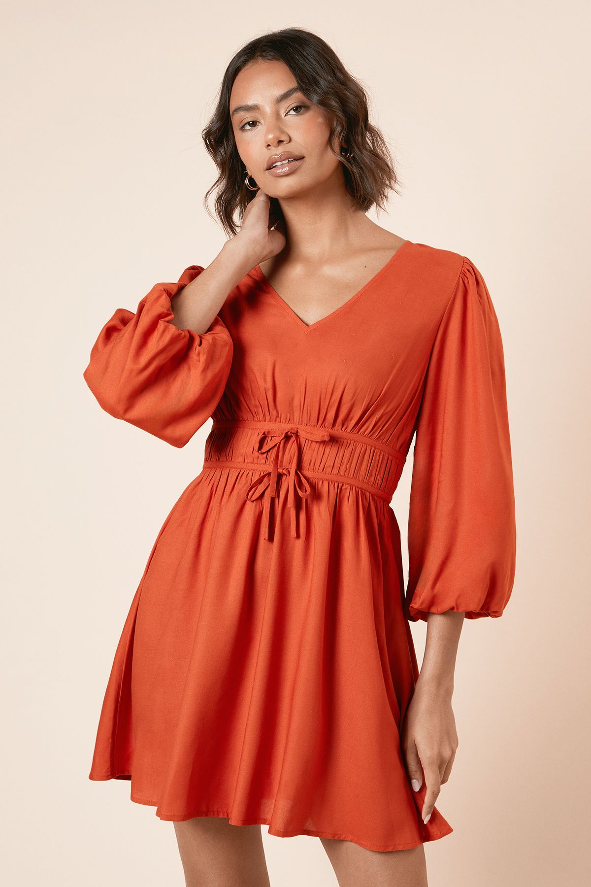 Dorothy Perkins Tie Detail Blouse Sleeve Mini Dress Ochre