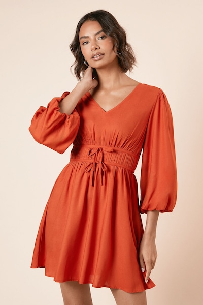 Dorothy Perkins Tie Detail Blouse Sleeve Mini Dress Ochre