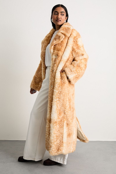 Warehouse Premium Deer Jacquard Faux Fur Coat Tan