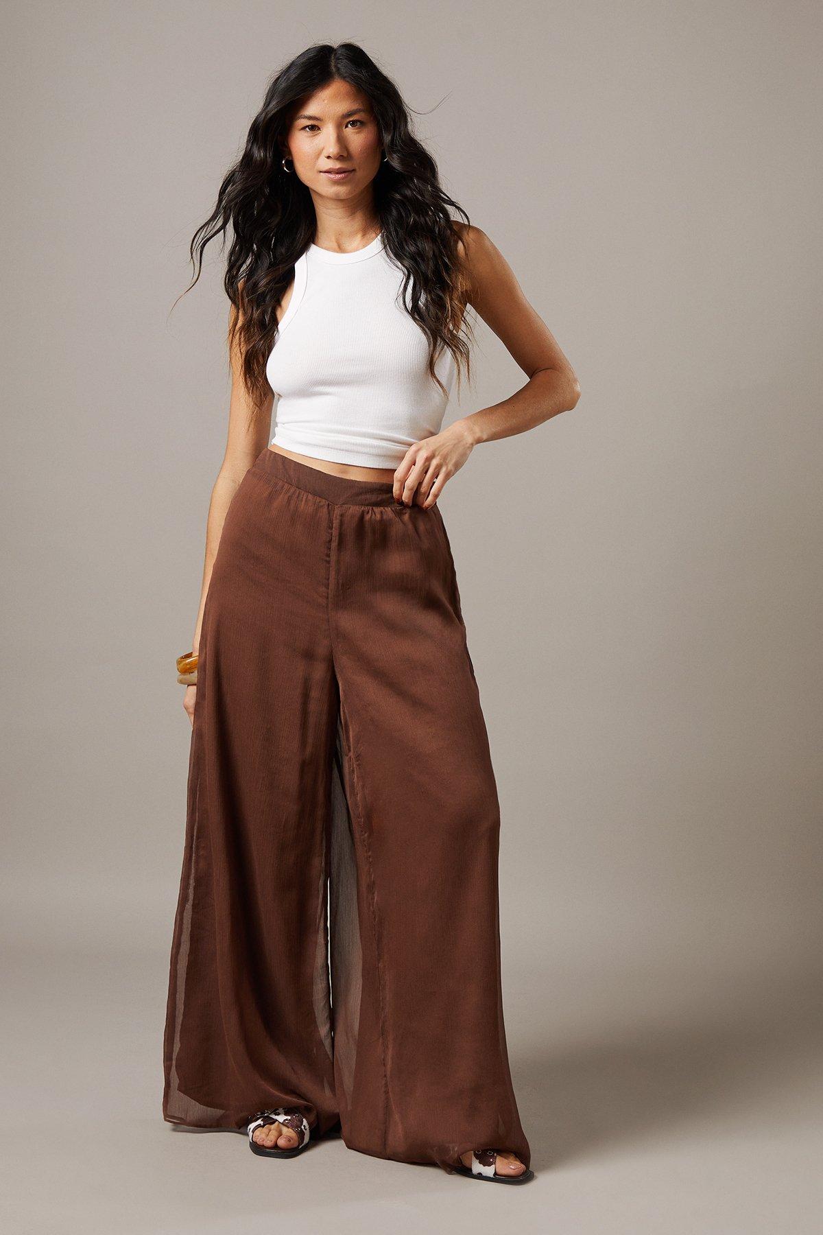 Warehouse Chiffon High Waisted Wide Leg Trousers Chocolate image 2