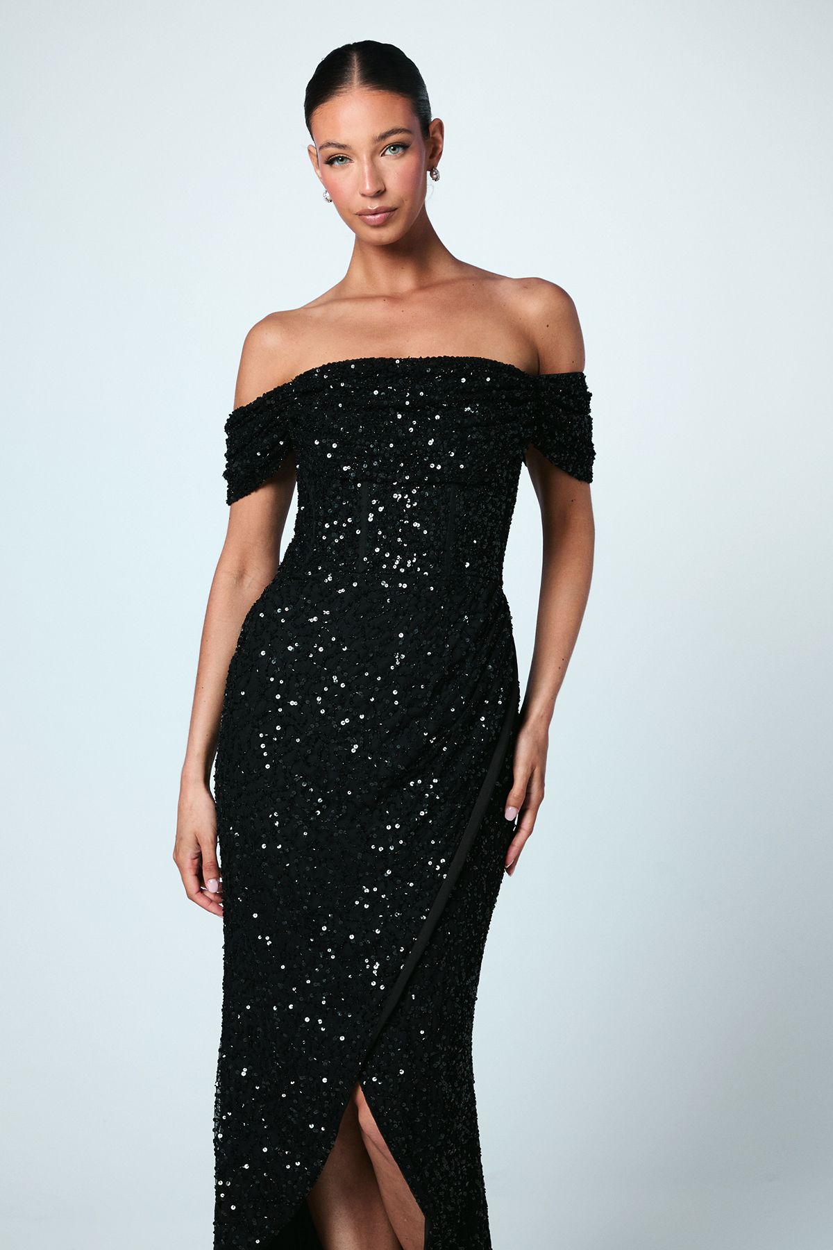 Coast Sequin Bardot Maxi Bridesmaid Dress Black image 4