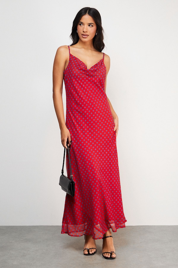 Warehouse Chiffon Spot Print Cowl Bias Strappy Maxi Dress Red