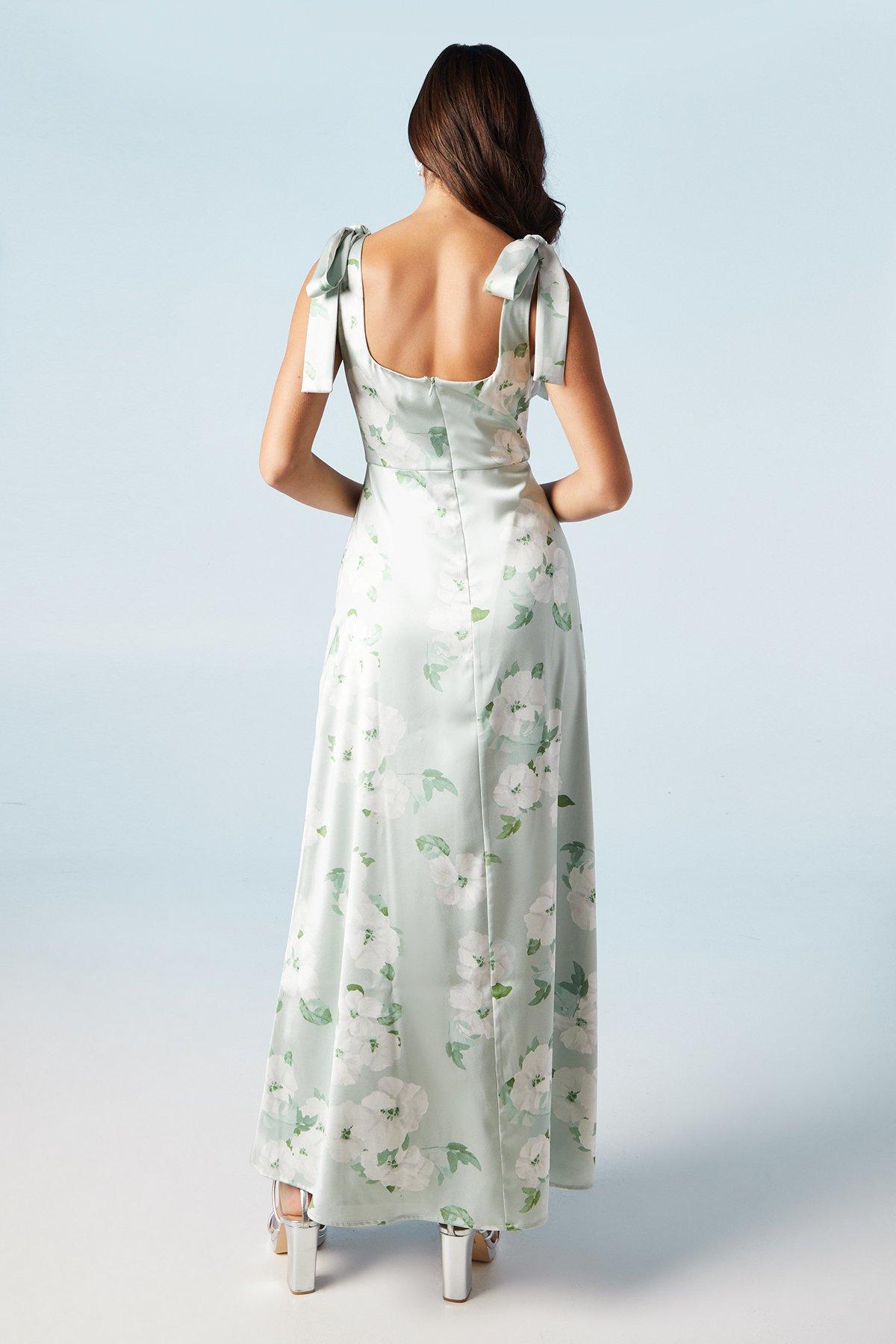 Oasis Sage Posy Satin Tie Shoulder Maxi Bridesmaids Dress Sage image 3