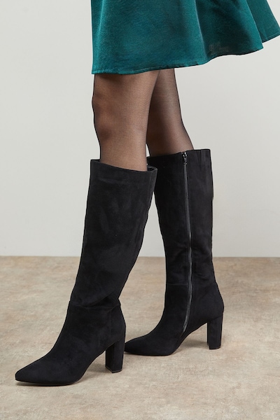 Oasis Kora Faux Suede High Block Heel Pointed Knee Boots Natural Black