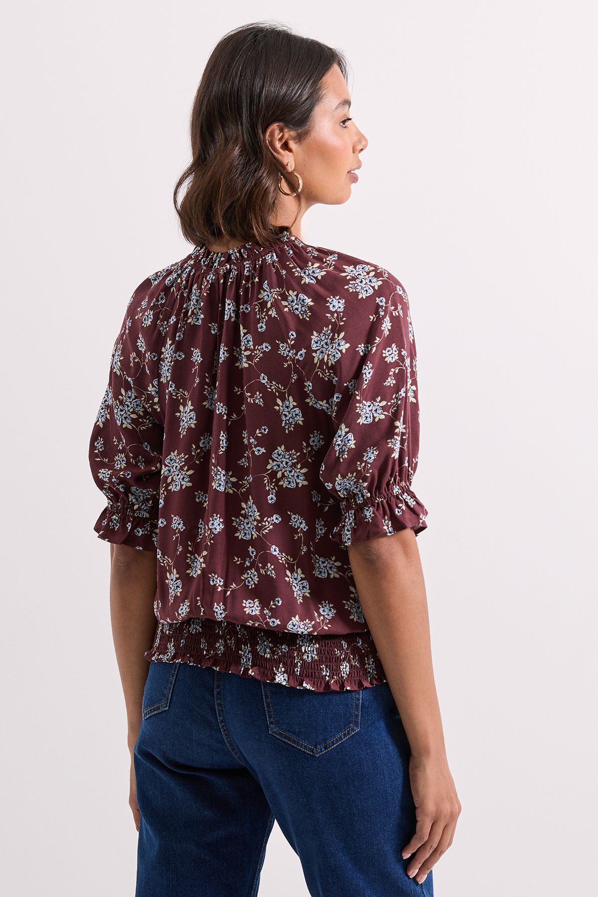 Dorothy Perkins Frill Neck Shirred Cuff Blouse Chocolate image 3