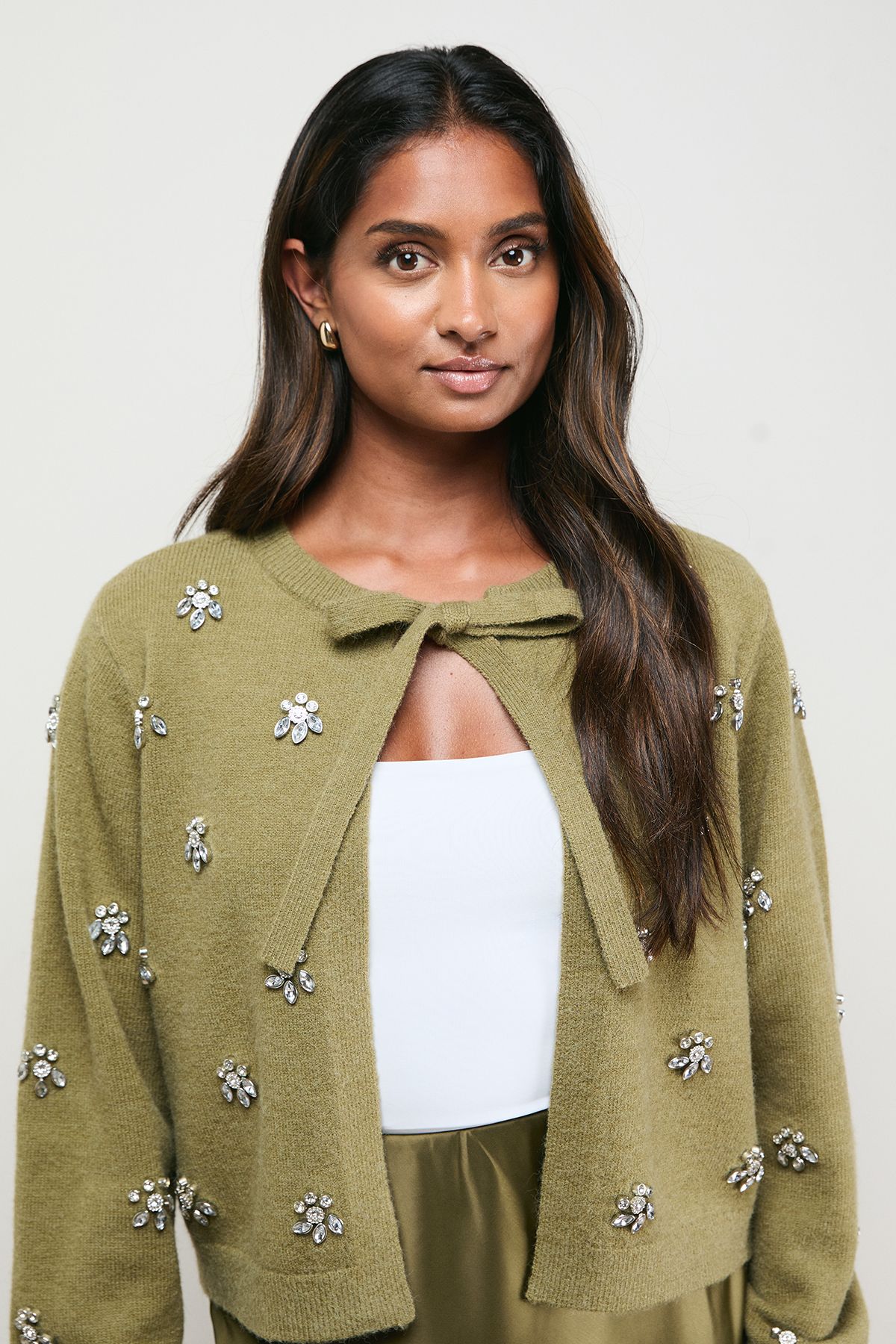 Oasis Embellished Tie Front Cardigan Khaki image 5
