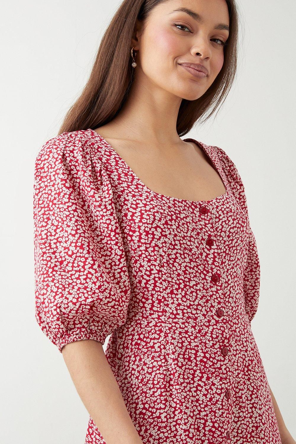 Dorothy Perkins Petite Red Ditsy Floral Button Through Midi Dress Red image 4
