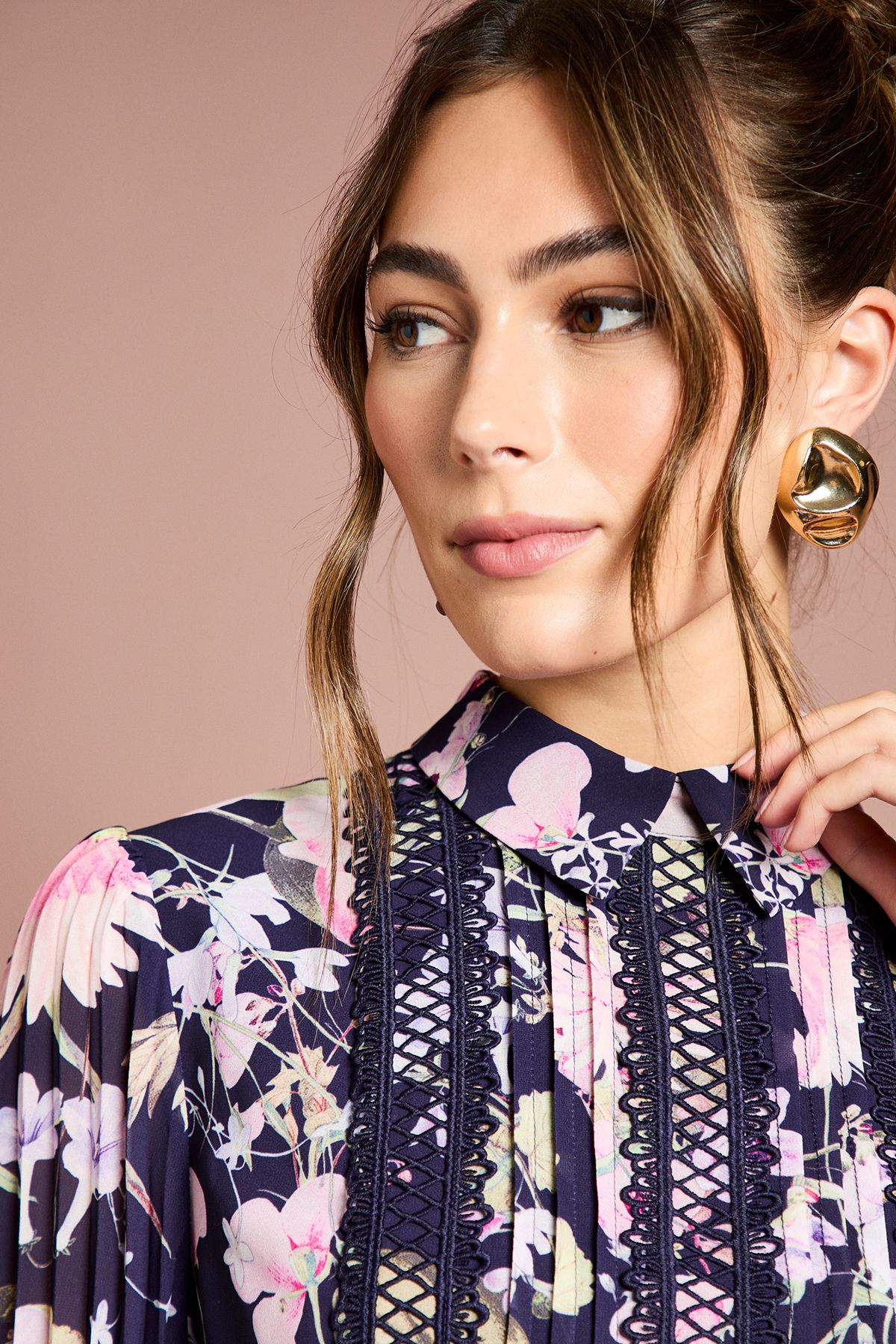 Coast Printed Lace Trim Pleated Shirt Navy image 4