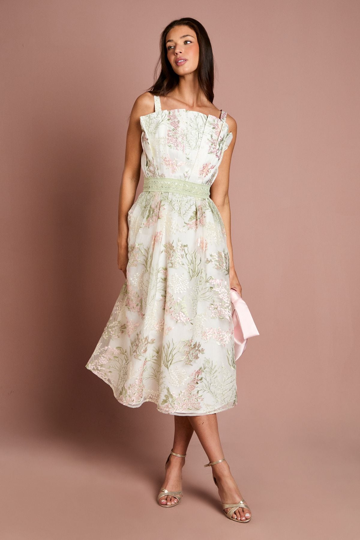 Coast Fan Bodice Embroidered Mesh Midi Dress Ivory