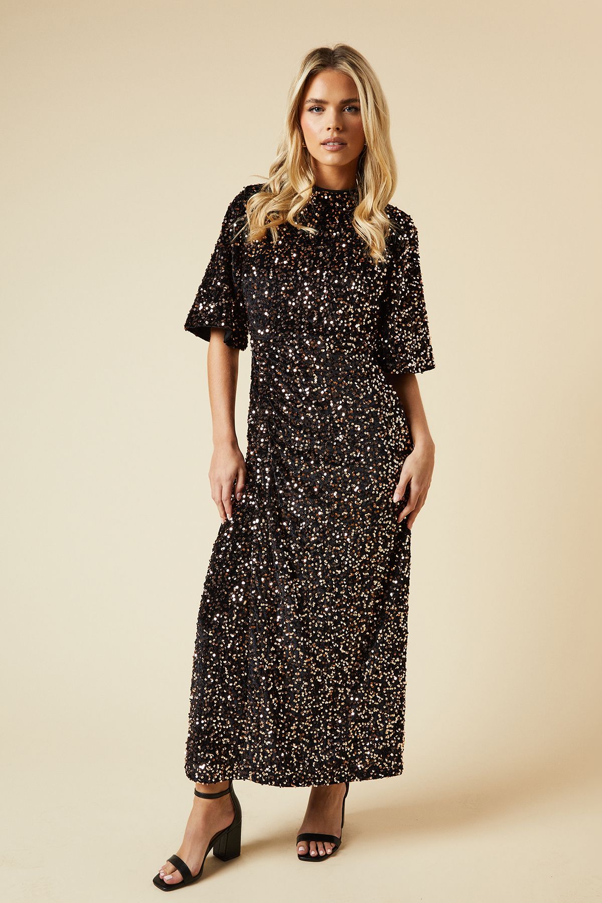 Dorothy Perkins Petite Velvet Sequin Midi Dress Bronze image 1