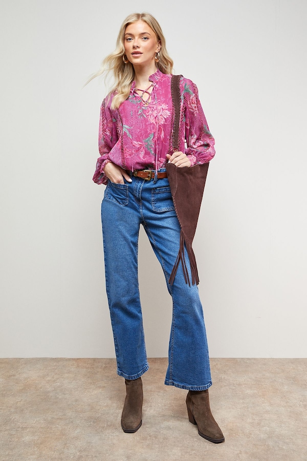 Oasis Printed Tie Neck Ruffle Detail Chiffon Blouse Floral