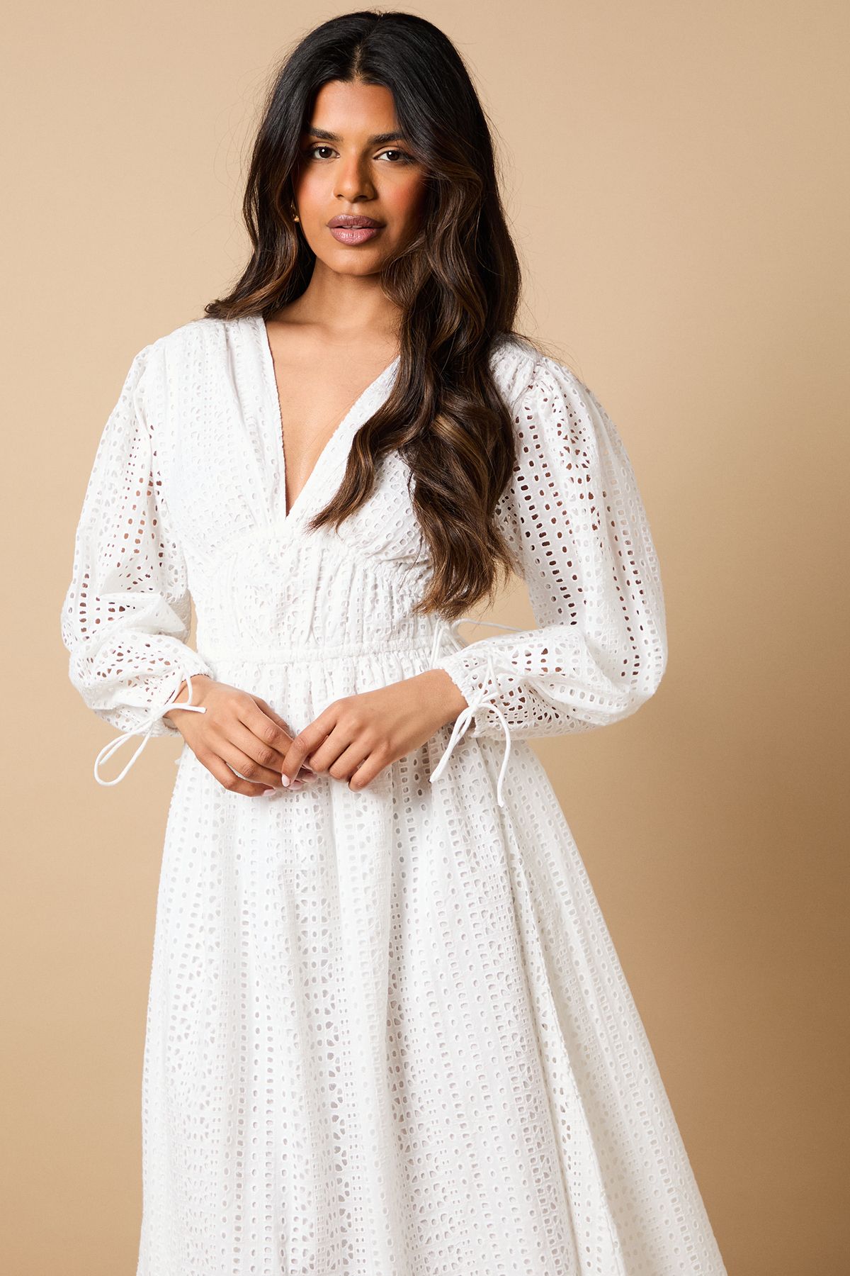 Oasis Petite Broderie Tie Front Puff Sleeve Midi Dress White image 2