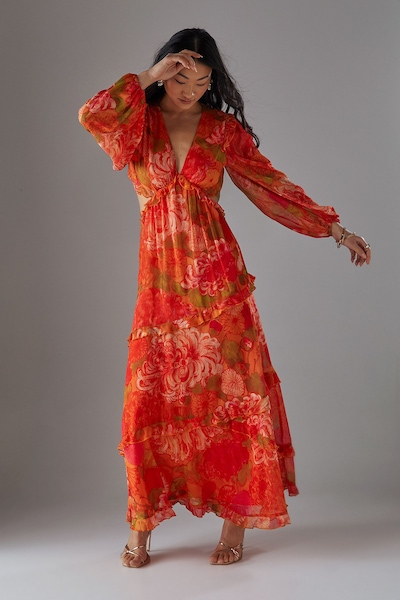 Warehouse Petite Chiffon Cut Out Waist Ruffe Maxi Dress Floral