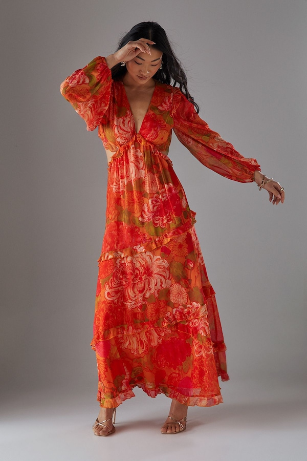 Warehouse Petite Chiffon Cut Out Waist Ruffe Maxi Dress Floral