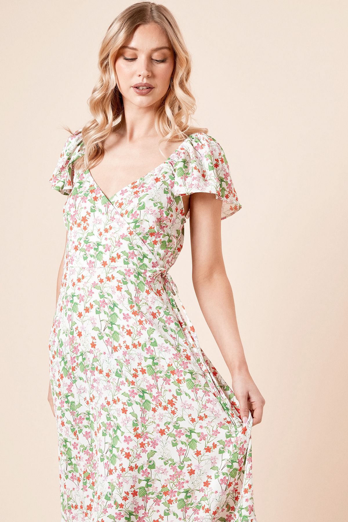 Dorothy Perkins Floral Wrap Front Frill Sleeve Tiered Midi Dress Floral image 2