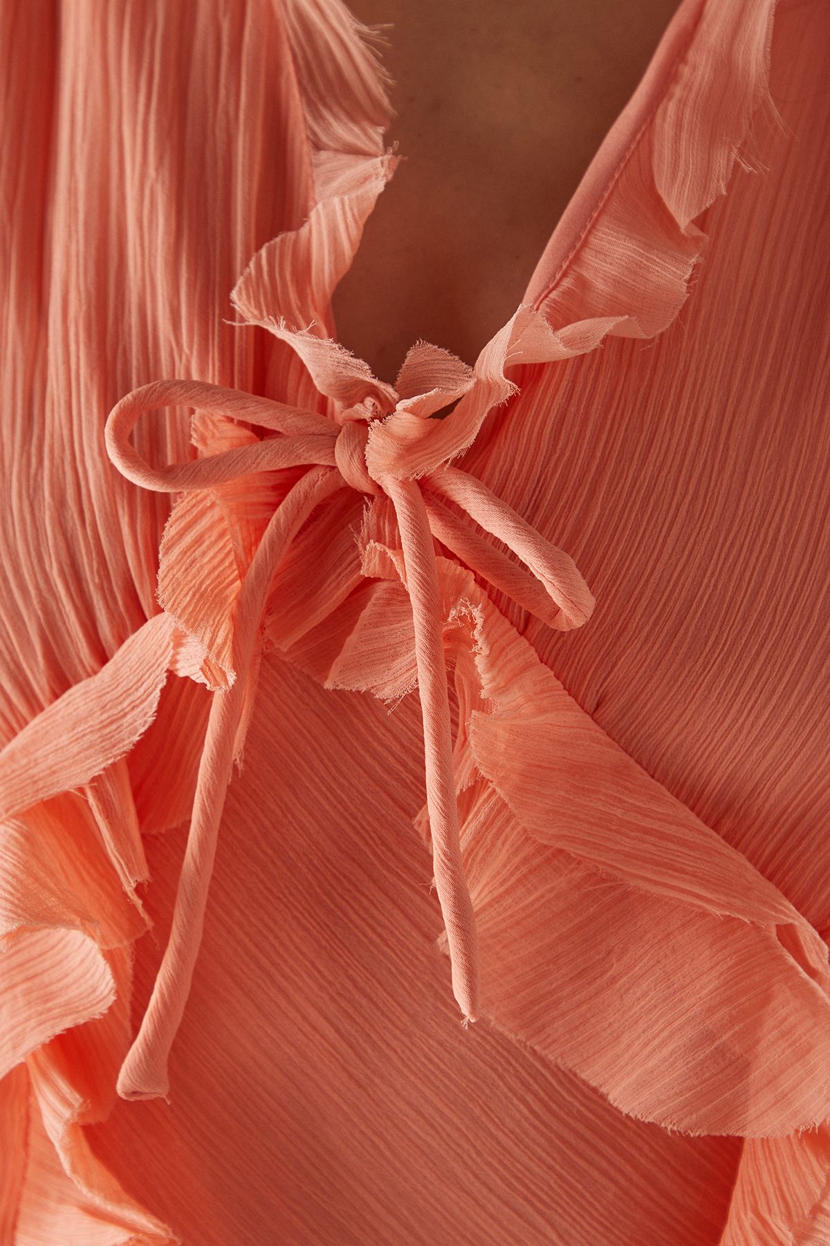 Warehouse Premium Raw Edge Ruffle Detail Slip Dress Peach image 5