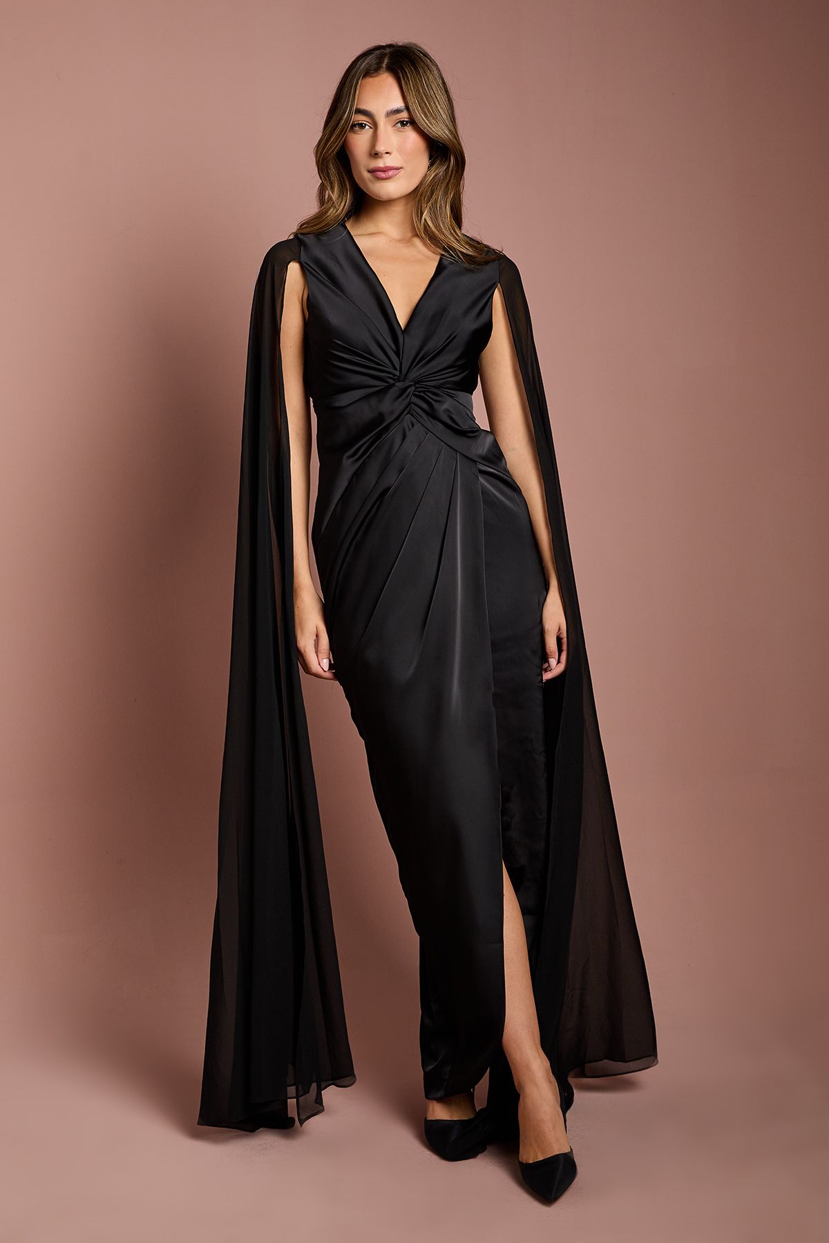 Coast Satin Cape Sleeve Maxi Dress Black image 1