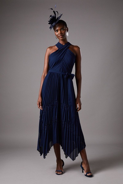 Coast Pleated Halter Neck Lace Insert Midi Dress Navy