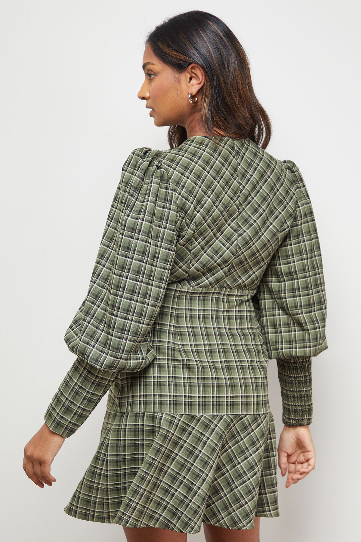 Oasis Checked Lace Neck Puff Sleeve Mini Dress Green image 3